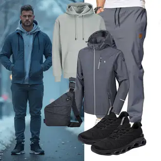 Outfit mit Blau/Hellgrau/Grau/DunkelBlau StoffHose/SchlupfHose/KarottenHose/FunktionsHose/Boyfriend Hose/Cargo-JoggingHose/TrainingsHose/SportHose/Jogger Hose/Capri JustSun "Freizeit Outfit"
