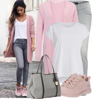 Outfit sa Siva/Krem/Bijela Majica I Top Veći Broj/Bluza Veći Broj/Tunika Vila "Moderna kombinacija za slobodno vrijeme"