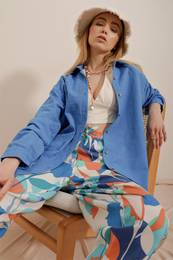 Trend Alaat Stili Women's Aviator Blue Oversize Linen Shirt