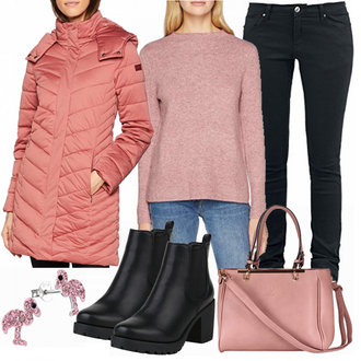 Date Winter Outfit mit Dunkelblau/Dunkelgrau/Grau Push up Jeans/Low Waist Jean/Winterjacke/SweatJeans/Lederjacke/Slim Fit Jeans/ThermoJeans/Low Rise Jean/Leder Schuhe/Jeans mit Schlitz Red by EMP "Pink Dream"Look: Wasen, Date, Pop Konzert, Schule