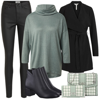 Outfit mit Grün/Türkis/DunkelGrün ausgefallene tunika/Bluse mit Stehkragen/Bluse mit Trichterkragen/Elegante Tunika/Lederjacke/Klassische Tunika/Tuniken-Shirt/Rollkragenpullover/2-in-1 Pullover/Carmenpullover/Wasserfallpullover/Feinstrickpullover/Kaschmir Pullover/Longpullover/Stillpullover/Wickel Pullover/Pullover mit Stehkragen Only "Büro Outfit"