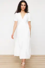 Double Breasted Collar Lined Maxi Woven Dress with Ecru Skirt Opening at the Waist