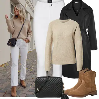 Outfit mit Grau/Creme/Weiß Lederjacke/Damen 7/8-Länge Jeans/Ankle Boot/Caprijeans/Cropped Jeans/High Waist Jeans/Jeans mit Schlitz/Push up Jeans/Cuir Chaussures/Thermojeans VERO MODA "Frühling outfit"