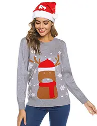 Sykooria Pullover Damen Strickpulli Weihnachten Ugly Christmas Sweater Rundhals Weihnachtspullover mit Schneemann Rentiermuster