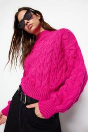 Fuchsia Crop High Neck Knitwear Sweater
