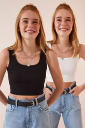 Happiness stanbul Women's Black and White Square Collar Weightlifting Corduroy Crop Top