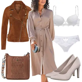 3/4 duljina Outfit sa Smeđa/Bež/Siva/Ljubičasta Haljina Veći Broj/Bluza i Tunika Tunika Lascana "Jesenski Outfiti"