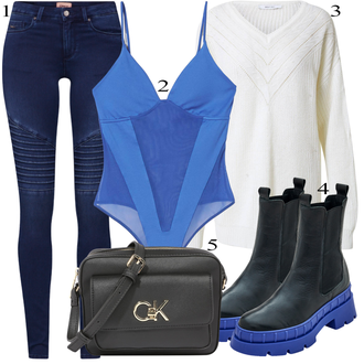 Outfit sa Plava/Tamnoplava Chelsea Gležnjača/Kožna Jakna/Ravna Gležnjača/Gumena Gležnjača Edited "Praktičan look"