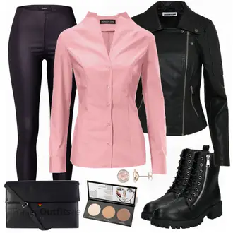 Outfit mit Schwarz/Dunkelgrün Mantel/Bikerjacke/KunstLederjacke/Lederjacke/Motorradjacke Noisy may "Heine Bluse"