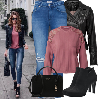 Jeans Outfits Skinny mit Blau Lederjacke/Ankle Boot/Jeans mit Schlitz/Jeans mit Loch/Push up Jeans/Leather jackets Only "Frühling outfit"
