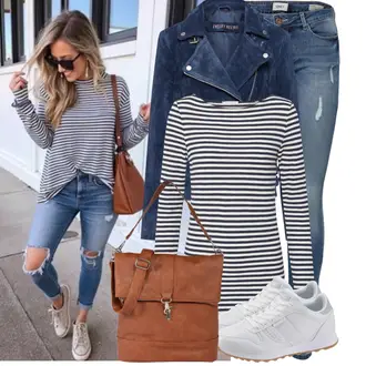 Jeans Outfits mit Blau/HellBlau Lederjacke/Jeans mit Loch/Low Rise Jean/Low Waist Jean/Push up Jeans Only, DunkelBlau/Grün/Blau Bluse Große Größe/Strick Große/Shirt & Top Große Größe/Ringelshirt Marc O'Polo "Schönes Frühlingsoutfit"