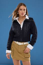 Navy Blue Turn-down Collar Openwork Knitwear Cardigan