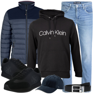 Outfit mit Schwarz/Blau/Dunkelblau Walkingschuh/Vintage Sneaker/Schnürer/Leder Sneaker/Skateschuh/vegane schuhe/Sneaker Low/Schmaler Sneaker Calvin Klein Jeans "Cooles Outfit"