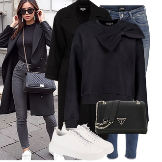 Jeans Outfits Winter met blauw/grijs/Donkerblauw/Lila kleuren Enkellaars/Lederen Jas Only "Modieuze lente-outfit"