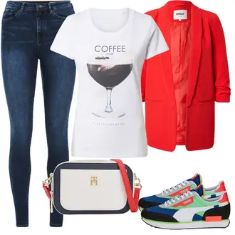 ohne Verschluss Outfit mit Rot Mantel/3/4 Bluse/Bluse Mit Ellen­bogen-patch/Bluse mit Stehkragen/Klassische Tunika/Lederjacke/Longbluse/Einfarbige Bluse/Strick Große/Bluse Große Größe/Tunika Only "Farbliches Frühlings Outfit"