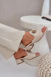 PE2 Elegant Ladies Slippers On Low Heel With Decoration Beige Feledis