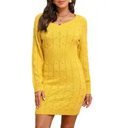 ZIYYOOHY Damen Schulterfrei PulloverKleid Strickkleid Rundhals Elegante Langarm Pullover Strickpullover Kleider Winterkleid Wickelkleid Sweater Oberteile Sweatshirt Tops Bluse Lang (Gelb, 38)