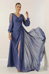 By Sayg V-Neck Long Evening Chiffon Dress with Draping and Lined Sleeves.