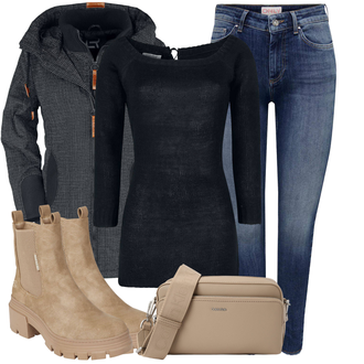 Outfit mit Schwarz/Grau/Orange/Dunkelblau/Dunkelgrau StrickFleecejacke/Trekkingjacke/Funktionsjacke/Thermojacke/Ripstopjacke/Wolljacke/Outdoorjacke/Merinojacke/Jacke mit Seitlichem Reißverschluss/Kapuzenjacke Red by EMP "Freizeit Outfit"