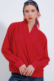 Women's Red Double Breasted Collar Flowy Satin Blouse 0492