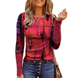 Spitzenbluse Damen Elegant Langarm Pullover mit Spitze Nähen Bluse Oberteile mit geknöpfter Knopfleiste Kontrastfarbene Patchwork Tunika Slim Fit Basic Hemd Herbst Winter Sweatshirt Langarmshirts