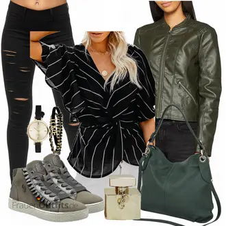 Outfit mit Dunkelgrün/Khaki/Grün Frühlingsjacke/Wachsjacke/Leder Bomberjacke/Kurzjacke/Lederjacke/Bikerjacke/KunstLederjacke VERO MODA "Mega schöne Frühlings Outfits"