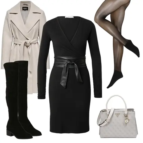 Schwarz Kleid Große Größe/Strick Große/Kleid mit Gürtel/Business Kleid/Strickkleid/Langärmliges Kleid/Langärmliges Winterkleid/Pulloverkleid/Winter Strickkleid/Wickelkleid About You kombinieren mit Schwarz Overknee Stiefel/Spitzer Stiefel/Kniehoher Stiefel/Flache Overknee Stiefel/Weitschaftstiefel/Langer Stiefel Steve Madden