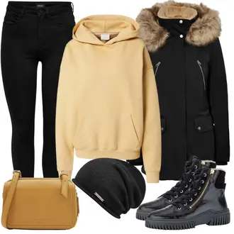 Outfit mit Orange/Beige/Gelb/Khaki/Braun/Gold Ausgefallener Hoodie/Hoodie/Strick Hoodie/Oversize Hoodie/Lederjacke/Sport Hoodie/Unisex Hoodie/Vintage Hoodie/Sweatmode kendall for about you "Winterliche Stimmung"