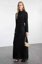Black Flower Accessory Chiffon Woven Evening Dress