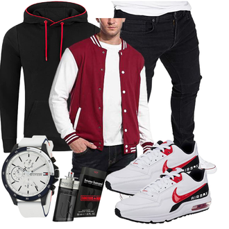 Gepunktet Outfit mit Bordeaux/Dunkelrot/Rot Vintage Jacke/Collegejacke COOFANDY "Freizeit Outfit"
