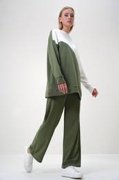 Trend Alaat Stili Women's Khaki Crew Neck Color Block Two Thread Bottom-Top Set