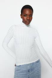 White Premium Textured Fabric High Neck Fitted/Closed Knitted Blouse