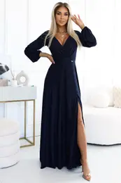 572-1 NELA Shiny Long Dress with Neckline and Long Sleeves - DARK BLUE