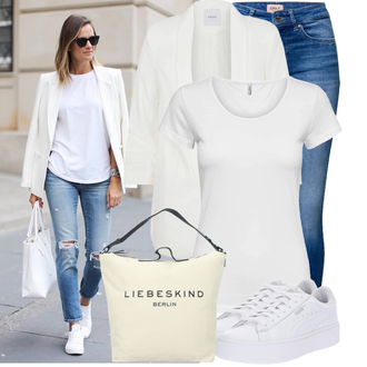Elegantan, Sportski Ljeto Outfit sa Bijela Niska Tenisica/Tanka tenisica/Tenisica s platformom/Rupičasta tenisica Puma "Moderna kombinacija za slobodno vrijeme"Look: Skater, Sportski, Ležerno, Unisex, Disko, Bad Taste, Estetika