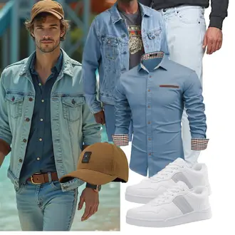 Normale Passform Outfit mit Blau/Hellblau/Schwarz Vintage Jacke/Kurze Jeansjacke Lee "Freizeit Outfit"