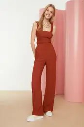 Tile Back Low-cut Tie Detailed Knitted Jumpsuit