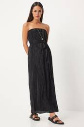 Happiness stanbul Women's Black Strapless Belted Pleated Dress