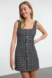 Black Tweed Woven Short Dress
