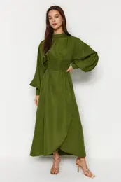 Green Waist Draped Balloon Sleeve Self-Patterned Evening Dress