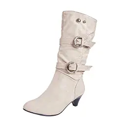 Yowablo Hohe Stiefel Rundkopf Anti Rutsch Gürtelschnalle Cup Mittelrohr Gemütlich Female (37 EU,Beige)