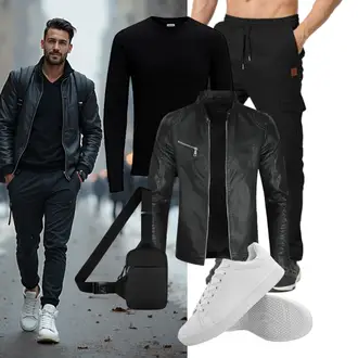 Outfit mit Schwarz Motorradjacke/Vintage Lederjacke/Bikerjacke/Jacke mit Seitlichem Reißverschluss/Leder Bomberjacke/Lederjacke/Kunstlederjacke Sliktaa "Freizeit Outfit"