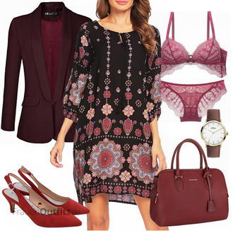 Festlische outfits Herbst mit Schwarz Kleid Beyove, Rot/Bordeaux/Braun/Dunkelrot Schultertasche/Tragetasche/Businesstasche/Schulranzen/Tasche Büro david jones "Buntes Herbst Outfit"