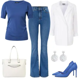 Wolle-seide Outfit mit Hellblau/Blau/Fliederfarben Wide Leg Jean/Jeans mit Schlitz/High Waist Jeans/T-Shirt/Schlaghose Jeans Pieces "Abendessen Look"