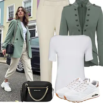 Outfit mit Khaki/Beige/Braun BügelfaltenHose/3/4 Hose/Gerade Hose/Hose mit Schlitz/High Waist Hose/Bengalin Hose/7/8 Hose/Musselin Hose/Slim Hose/SchlupfHose VERO MODA "Modisches Frühlingsoutfit"