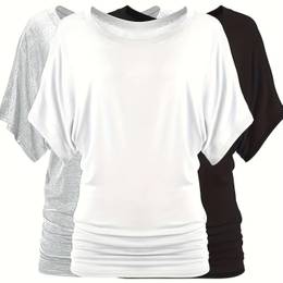 Women's Plus Size Casual T-shirts 3pcs - Solid Color, Crew Neck, Short Sleeve, Stretchy Polyester Blend, Machine Washable