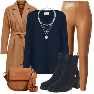 Outfit mit Dunkelblau Bluse und Tunika/Bluse Große Größe/Blusenbody/Bluse Mit Knopf/Bluse mit Stehkragen/Business Bluse/Lederjacke/Langarmbluse/Bügelfreie Bluse/Seidenbluse/Schlupfbluse/Einfarbige Bluse/Businesshemd/Casual Hemd/Business Hemd/Bügelfreies Hemd/Hemdbluse Vila "Casual Business Outfit"