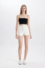 Paperbag High Waist Fold-Ankle Jean Shorts