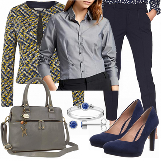 Outfit mit Grau/Dunkelgrau Bluse mit Stehkragen/Bluse Mit Ellen­bogen-patch/LangarmBluse/Bluse Mit Knopf/Business Bluse/Bügelfreie Bluse Seidensticker "Tom Tailor Yellow"