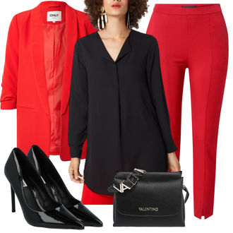Reverskragen Outfit mit Rot Mantel/Strick Große/Bluse Große Größe/Tunika/3/4 Bluse/Bluse Mit Ellen­bogen-patch/Bluse mit Stehkragen/Klassische Tunika/Lederjacke/Longbluse/Einfarbige Bluse Only "Casual Business Outfit"