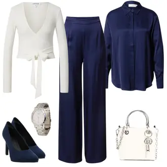 20er Jahre Outfit mit Dunkelblau Hose Große Größe/Anzughose/Marlenehose/Musselin Hose/Palazzo Hose/Hose mit Schlitz/Bundfaltenhose/Bundfaltenhose/Slinkyhose/Weite Hose guido maria kretschmer women "Femininer Businesslook"Look: Uni, 20er Jahre, Elegant, Maritim, Büro, Old Money, Outdoor, Business
